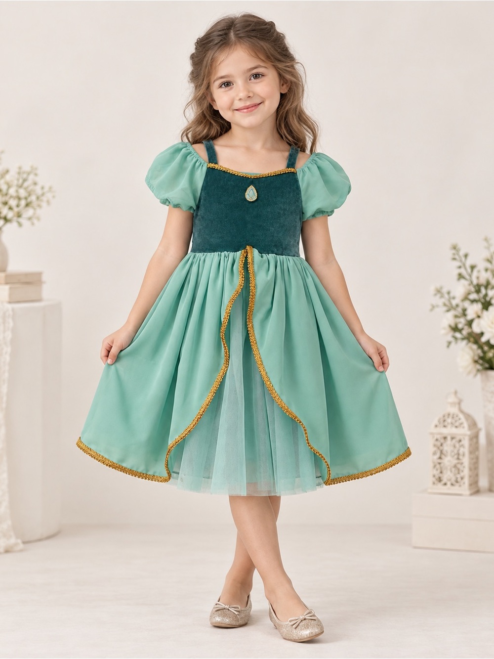 Taylor Joelle Girls Size 6 Teal Princess Dress Velvet Puff Sleeve Gold Trim
